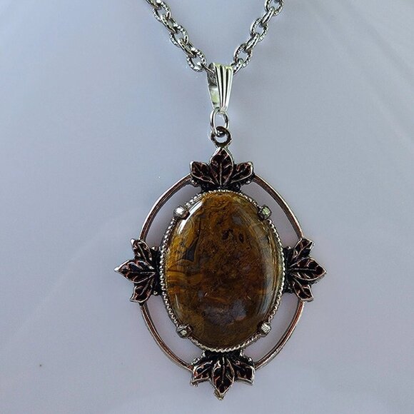 Vintage Pendant Women Necklace Brown Stone Silver Tone Chain Fashion Jewelry - Picture 3 of 12